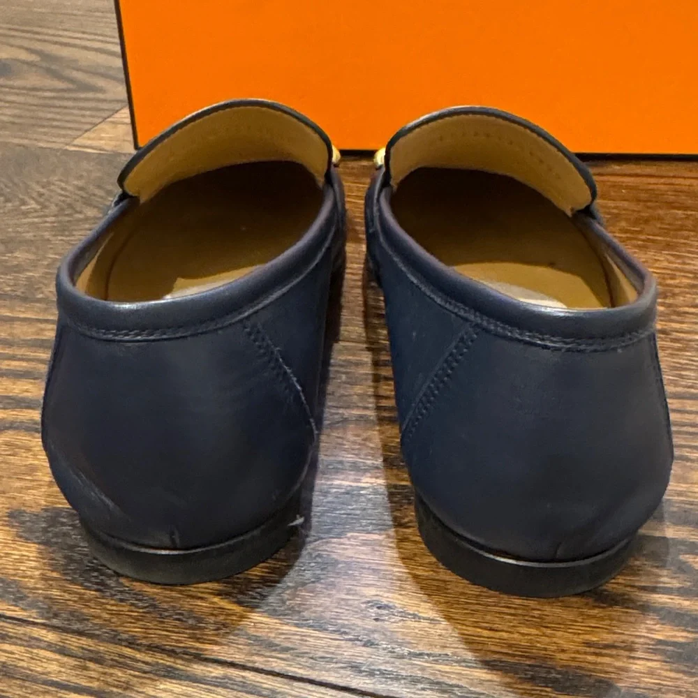 Hermes Colette Navy Blue Loafers with Gold Accent - Picture 8 of 11